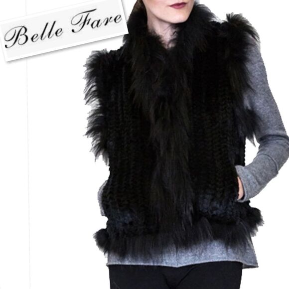 BELLE FARE COPENHAGEN KNIT REAL REX FUR VEST WITH RACCOON TRIM IN BLACK Size S - Picture 3 of 11